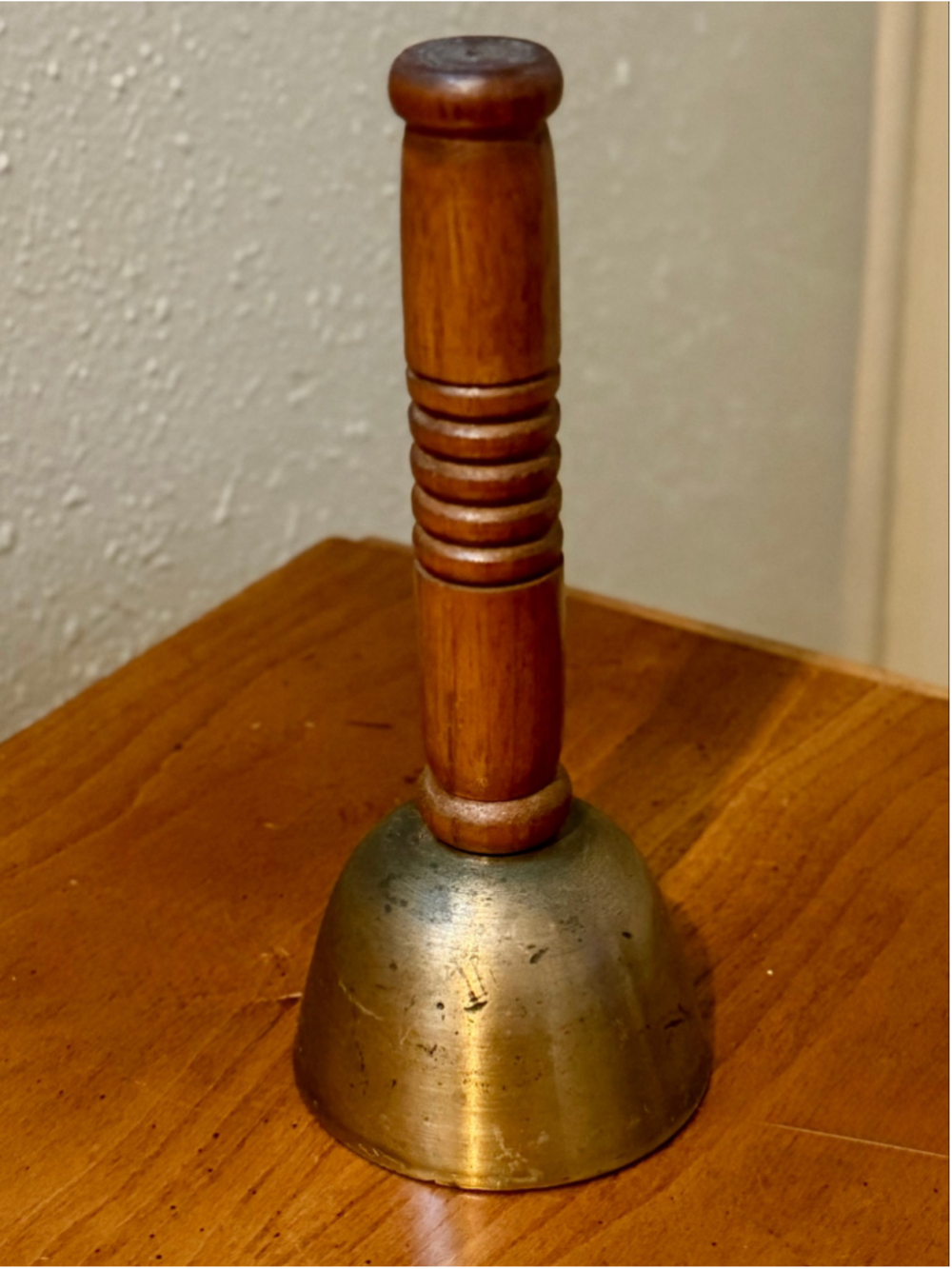 Vintage Brass Hand Bell Turned Wooden Handle Service Schoolhouse Bell